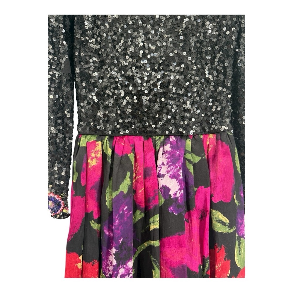 Victoria Royal Ltd Beaded Sequin Silk Gown Black Floral Maxi Dress 6/8 Vintage - Picture 9 of 16